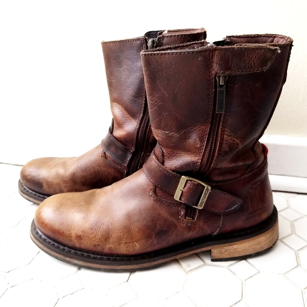 Harley Davidson brown leather zipper Moto boots